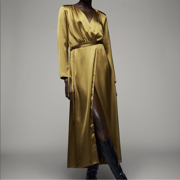 Zara Dresses & Skirts - Zara olive satin wrap dress